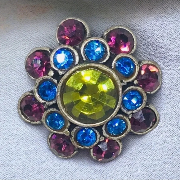 Vintage Blue Purple Green Rhinestone Silver Tone Brooch - Picture 1 of 7